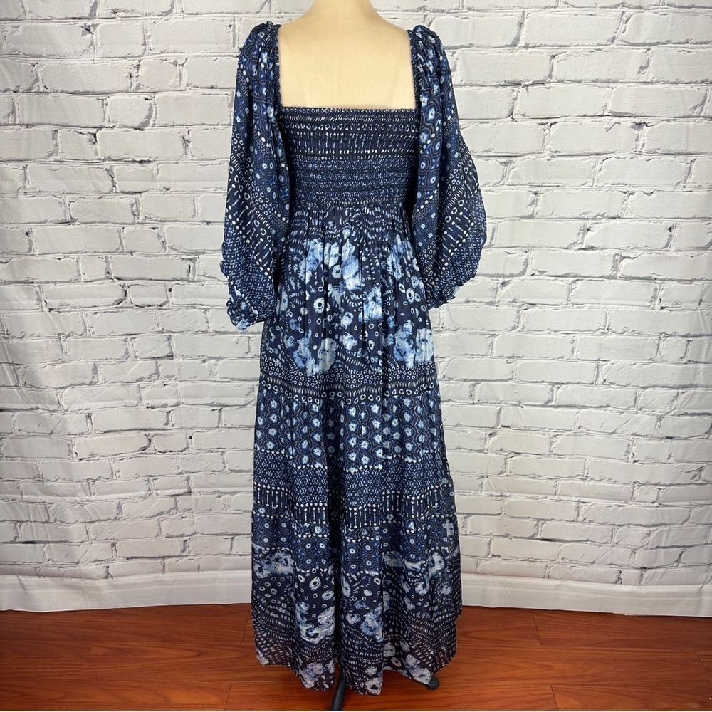 Hale Bob Ilona Silk Chiffon Maxi Dress Floral Small Navy Smocked Puff Sleeve - Picture 3 of 16